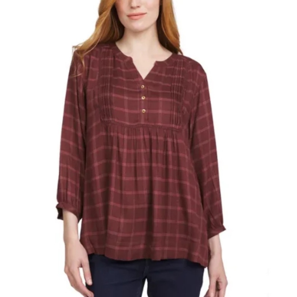 Wrangler Red Relaxed Blouse with Mandarin Collar plaid large new u3
